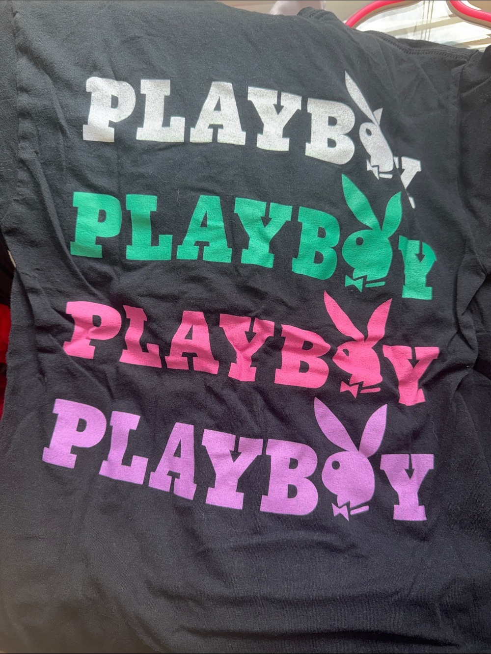 PLAYBOY Black Tee with White, Green, Pink & Lavender Logos